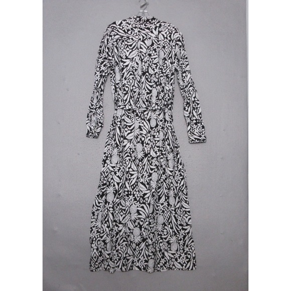 LOFT Shirt Dress 10 Black White Pineapple Belted Midi Linen Blend Coastal Button - Picture 2 of 10